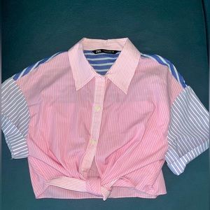 Cropped Striped Button-Down Waist Knot